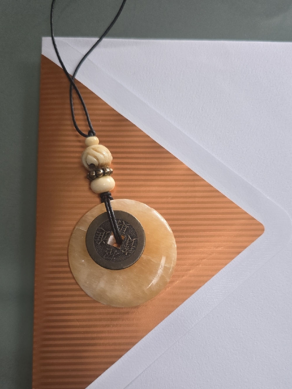 Butterscotch Carved  "I Ching" Jasper Pendant Necklace